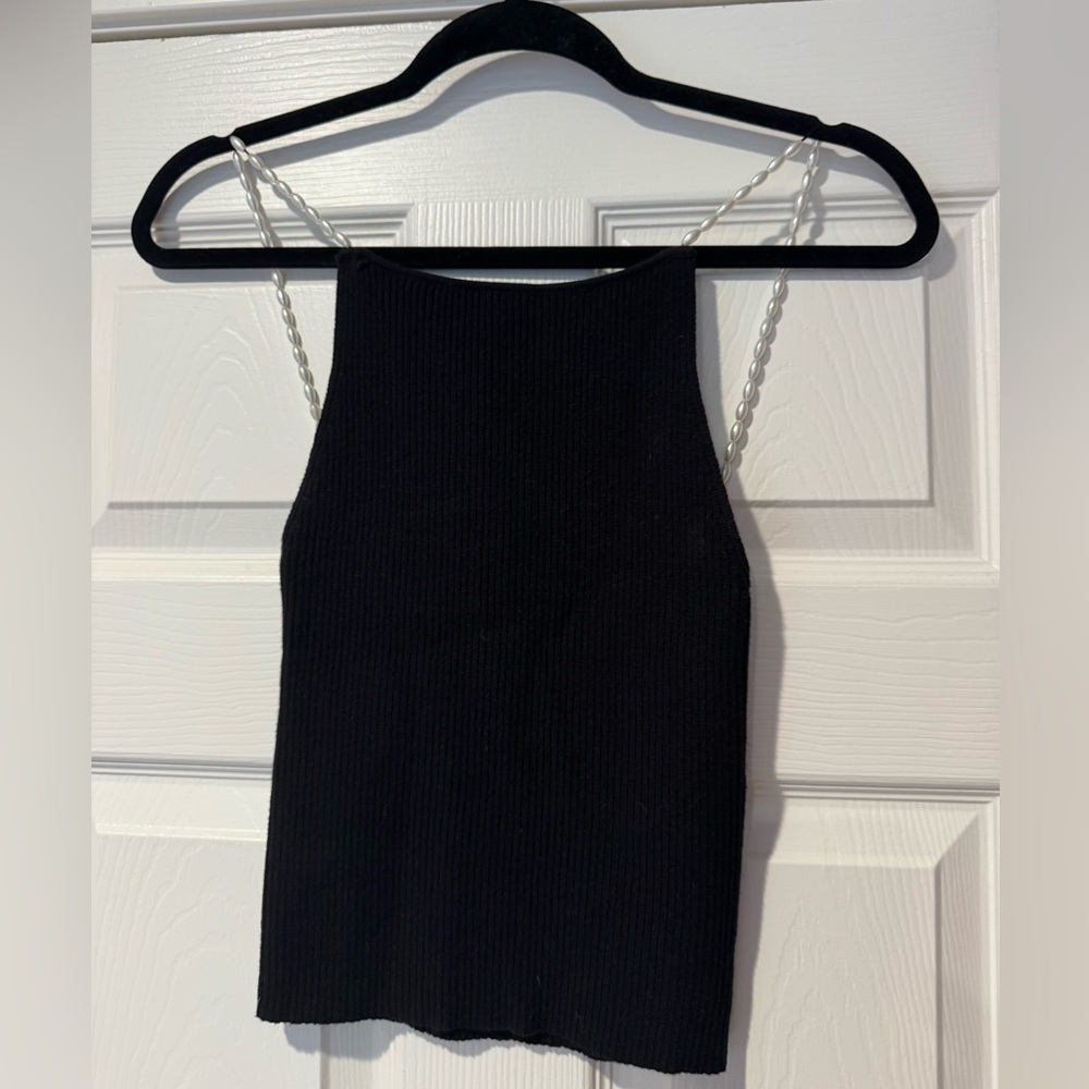 Elegant Black Ribbed Camisole with pearl Straps